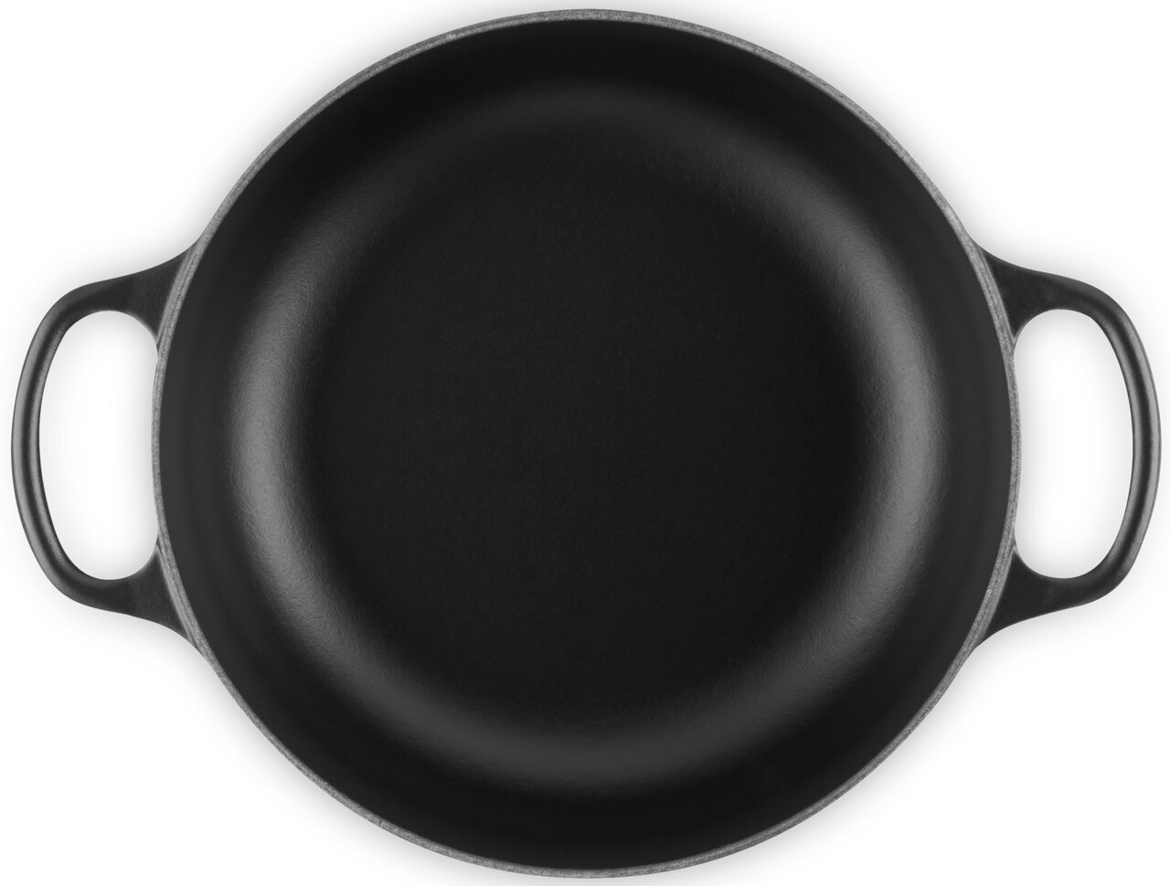 Schwarze Sauteuse mit 24 cm Durchmesser, Draufsicht, mit zwei Griffen.