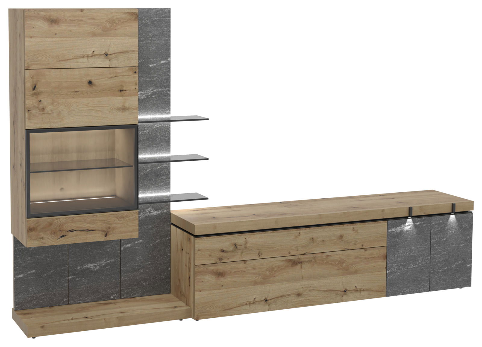 Wohnwand Voglauer V-ROCK in Holzoptik mit grauen Akzenten, bestehend aus einem hohen Schrank mit Glaselementen und Regalen sowie einem langen Sideboard. Perspektive: Frontalansicht.