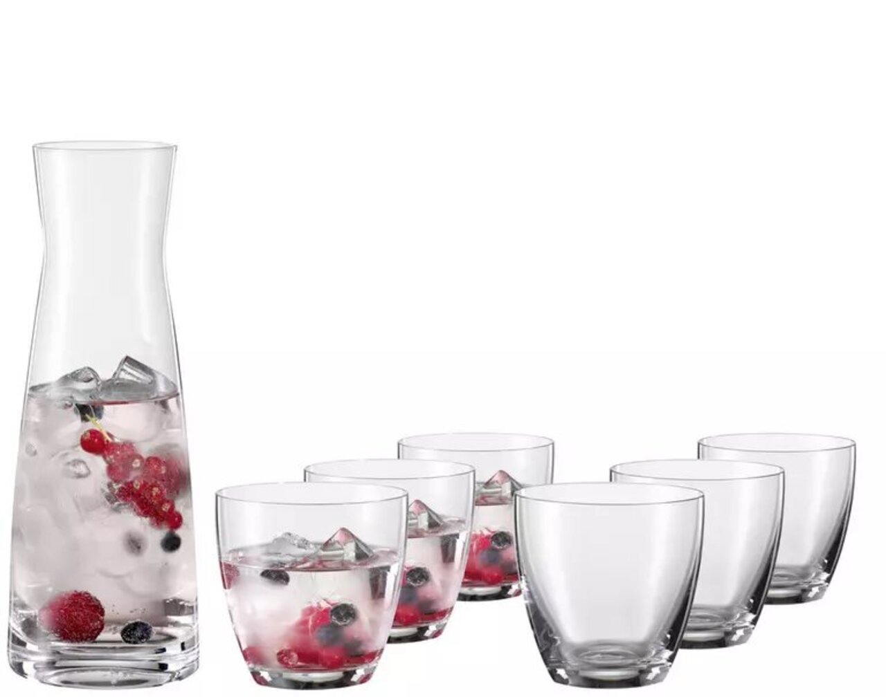 Set bestaande uit een karaf en zes glazen, gevuld met water, ijsblokjes en bessen, zijaanzicht