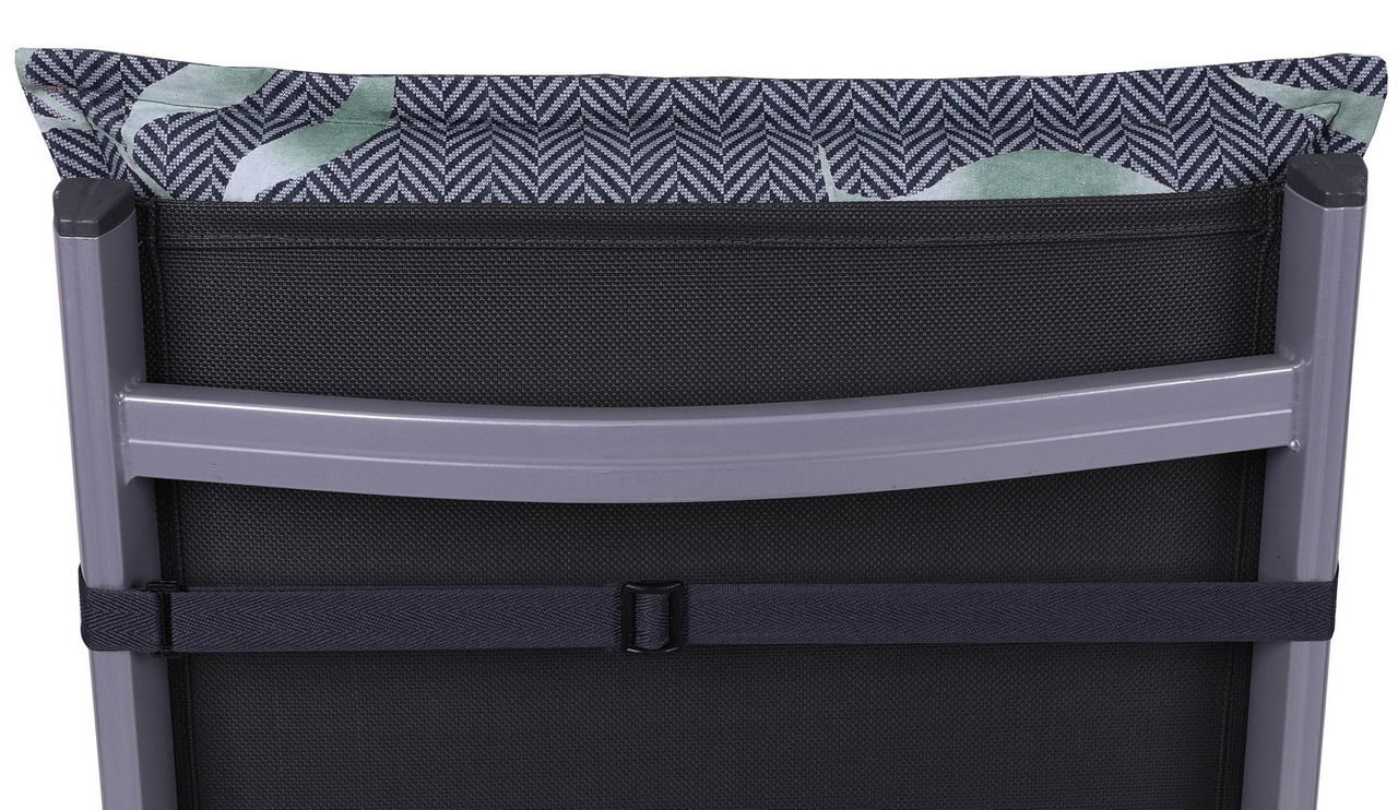 Rückansicht einer Hochlehnerauflage mit grauem Gestell und gemustertem Stoffbezug in Grün- und Grautönen.