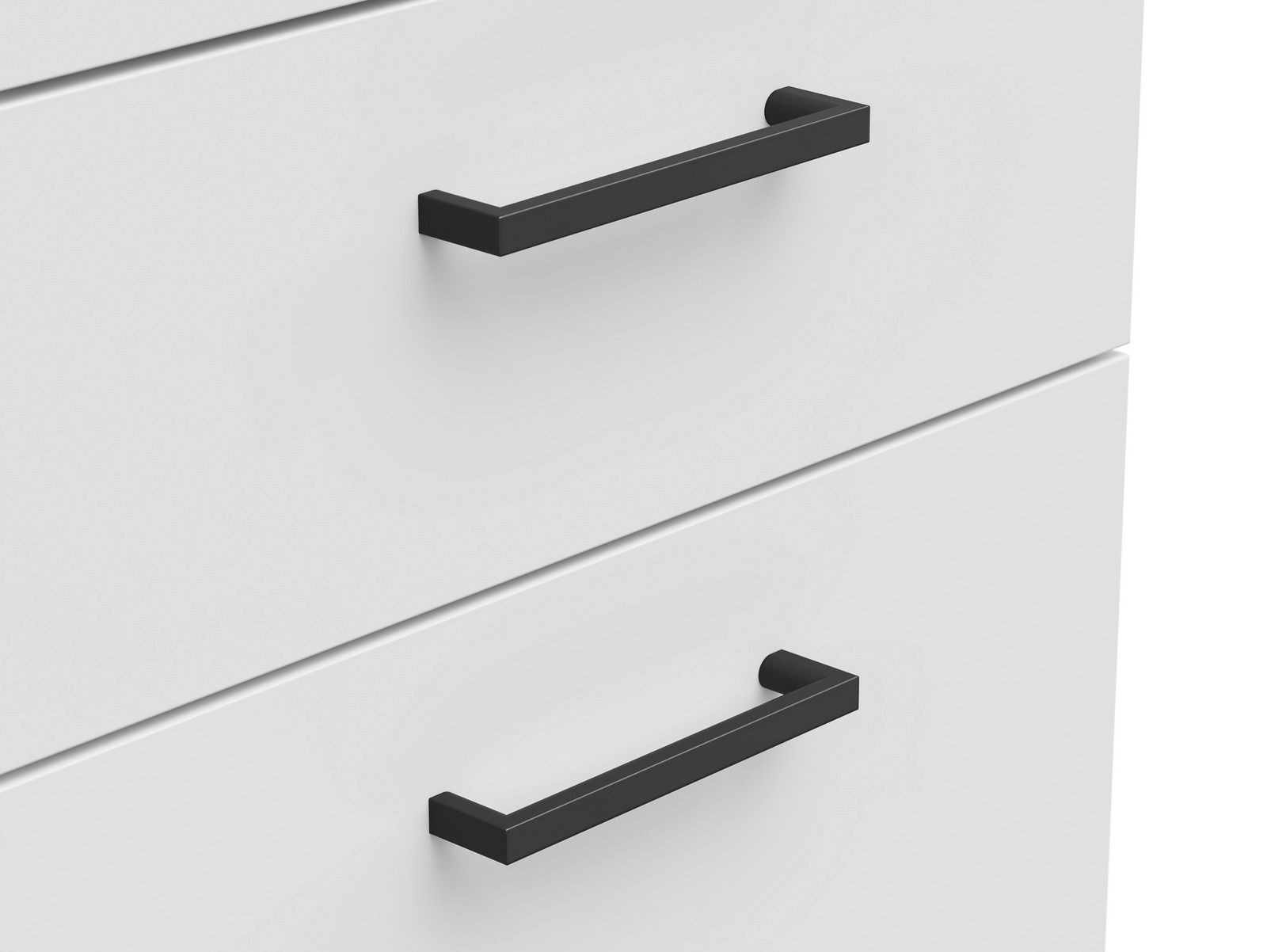 Nahaufnahme von zwei weißen Schubladen mit schwarzen Griffen, perspektivisch von vorne betrachtet.