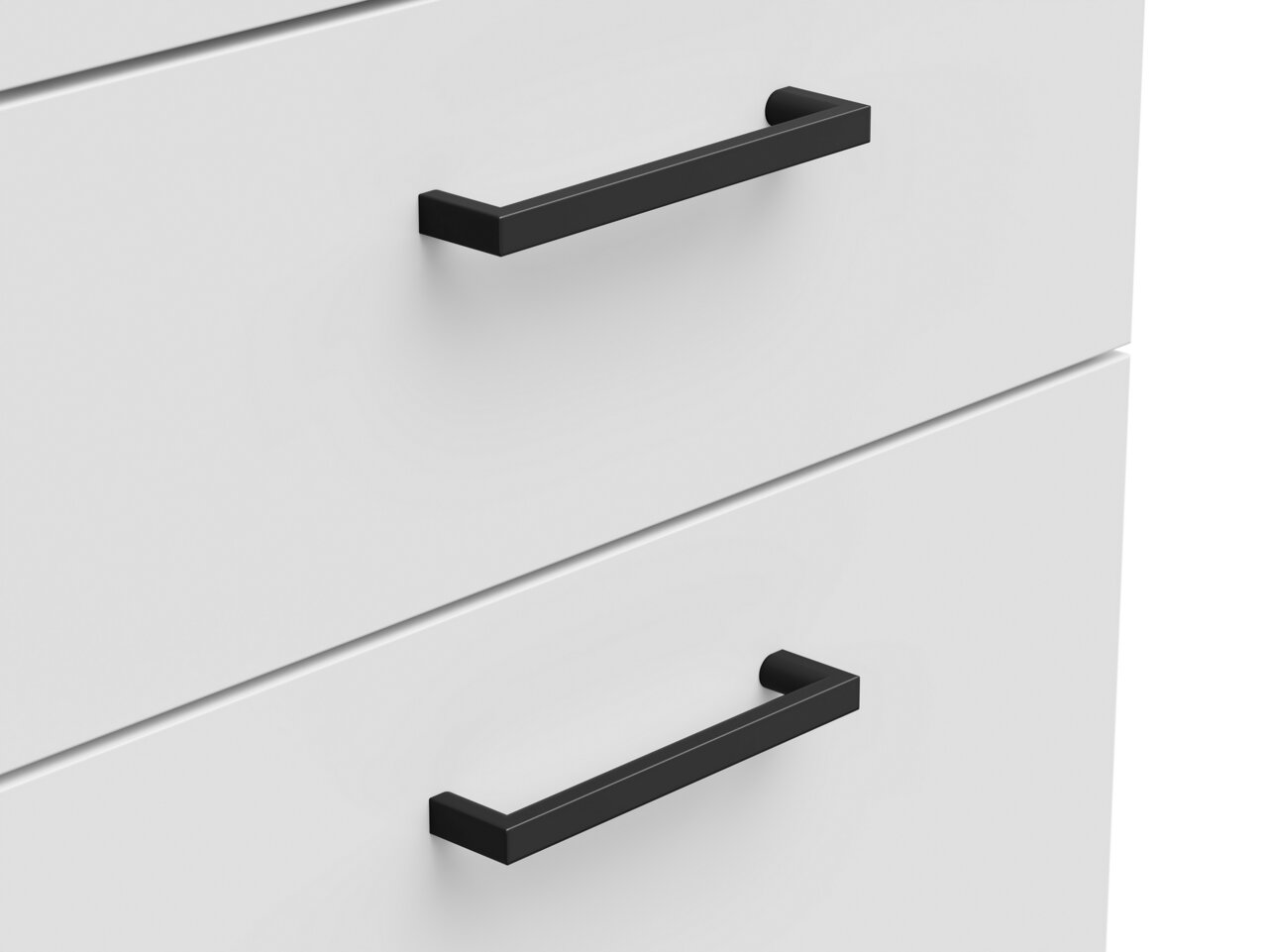 Nahaufnahme von zwei weißen Schubladen mit schwarzen Griffen, perspektivisch von vorne betrachtet.