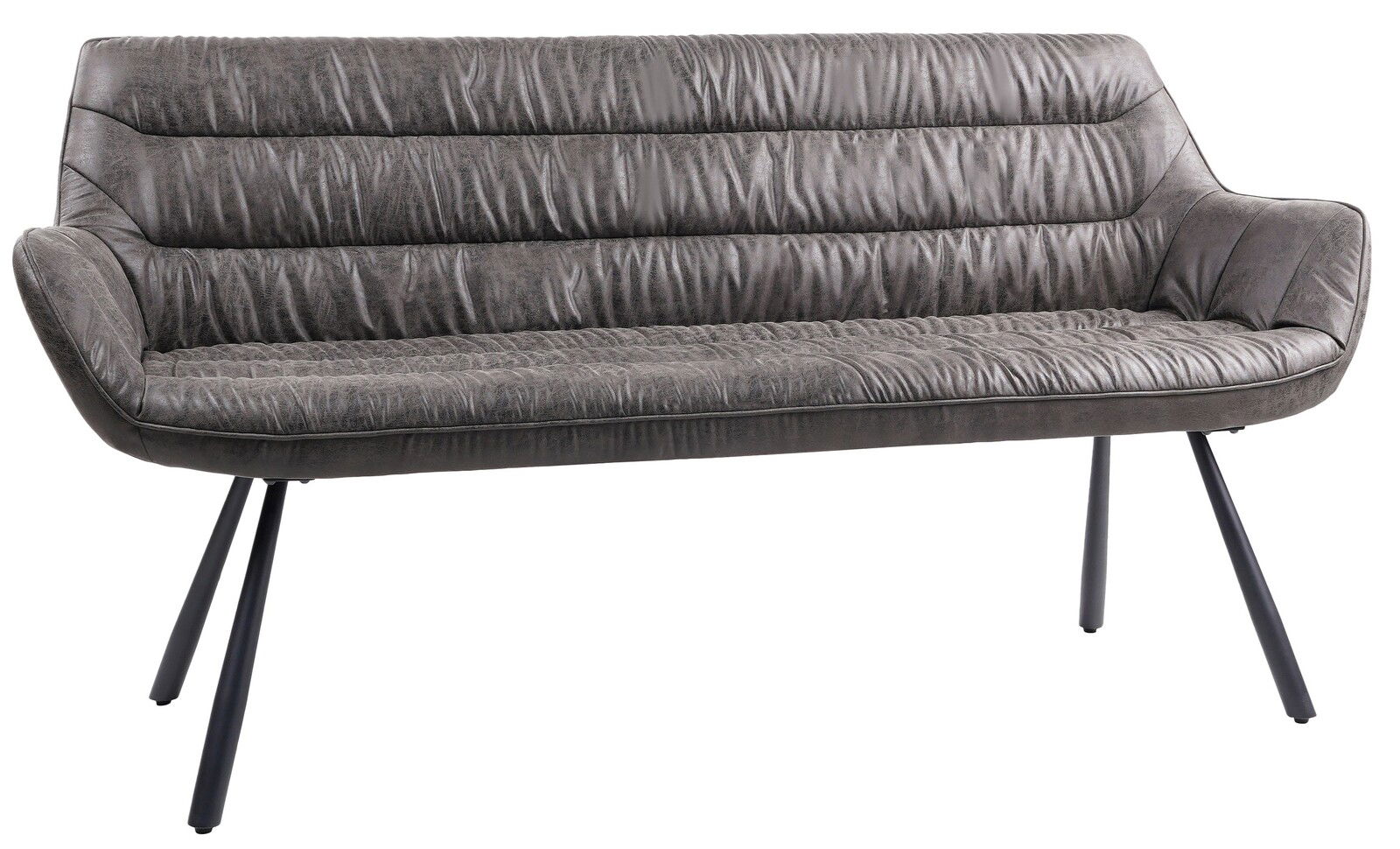 Graue Bank mit gepolstertem Sitz und Rückenlehne, aus seitlicher Perspektive fotografiert.