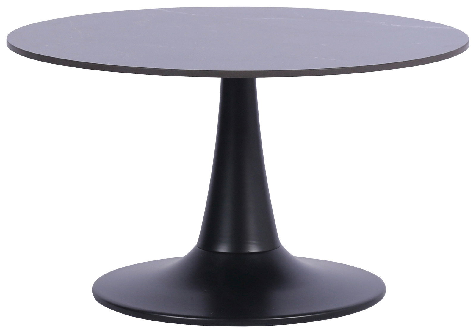 Runder Couchtisch mit schwarzer, glatter Oberfläche und konischem Fuß, seitliche Perspektive.