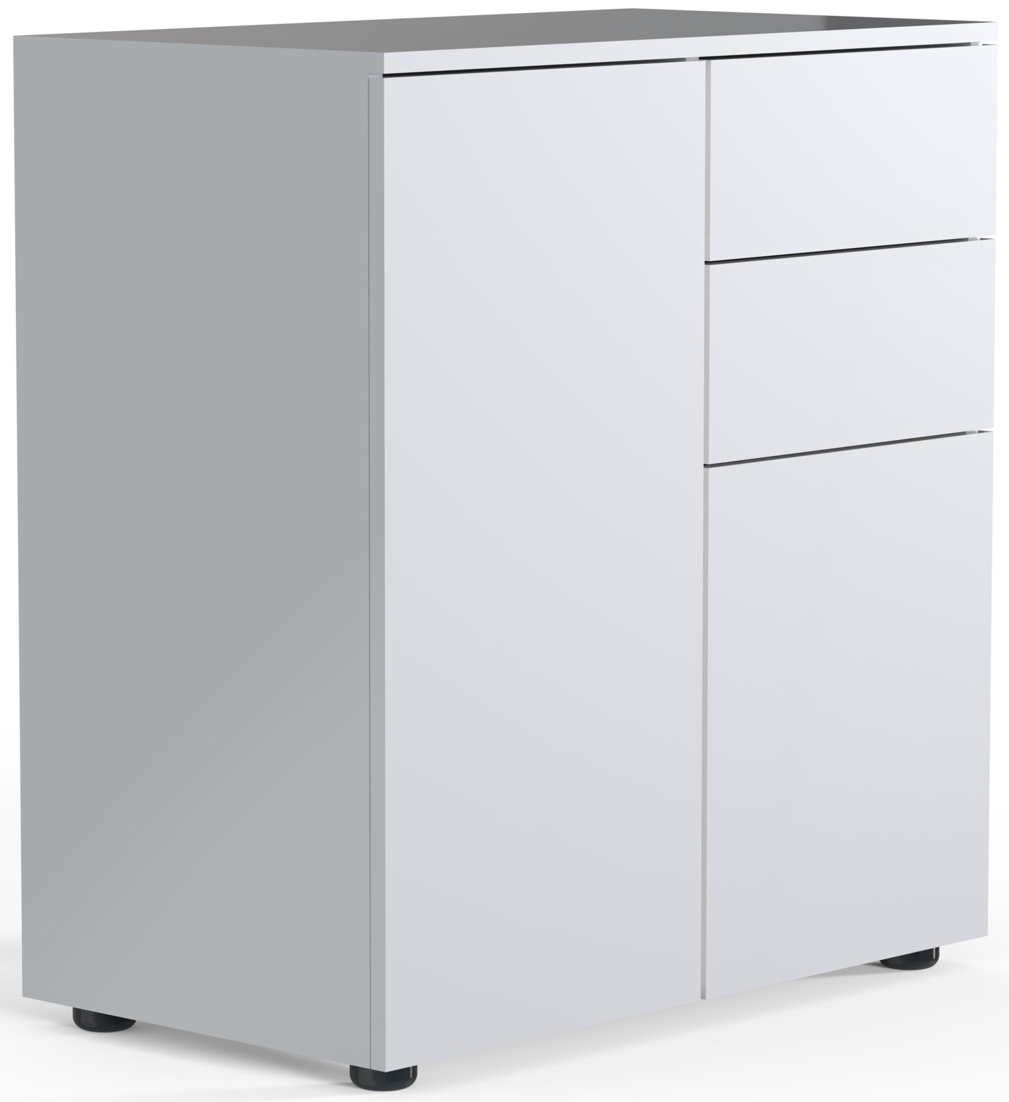 Modernes weißes Sideboard mit einer Tür links und drei Schubladen rechts, auf schwarzen Füßen, aus schräger Vorderansicht von links freigestellt
