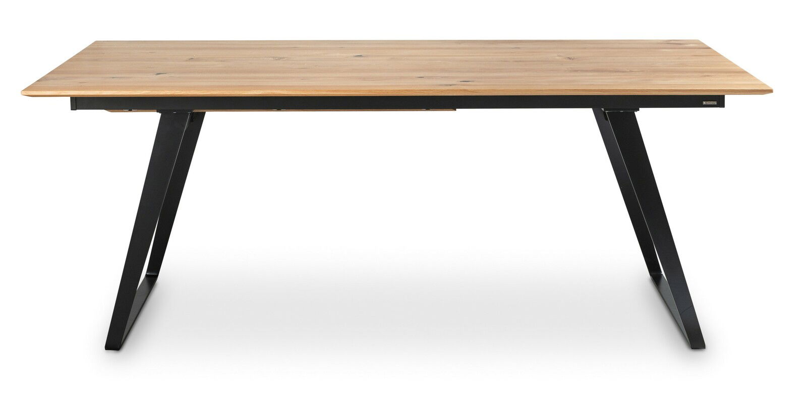 Moderner Esstisch mit Holzplatte und schwarzen Metallbeinen, seitliche Perspektive