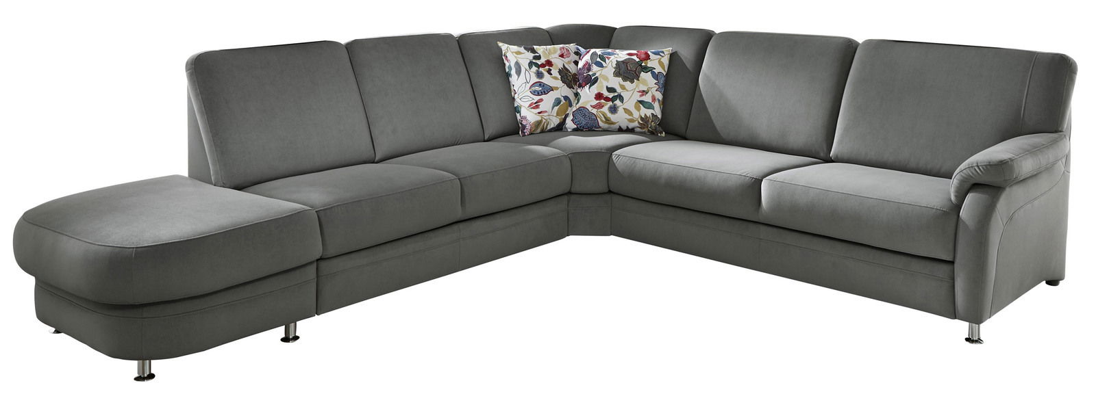 Graues Ecksofa mit floral gemusterten Kissen, seitliche Perspektive