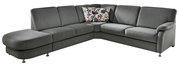Graues Ecksofa mit floral gemusterten Kissen, seitliche Perspektive