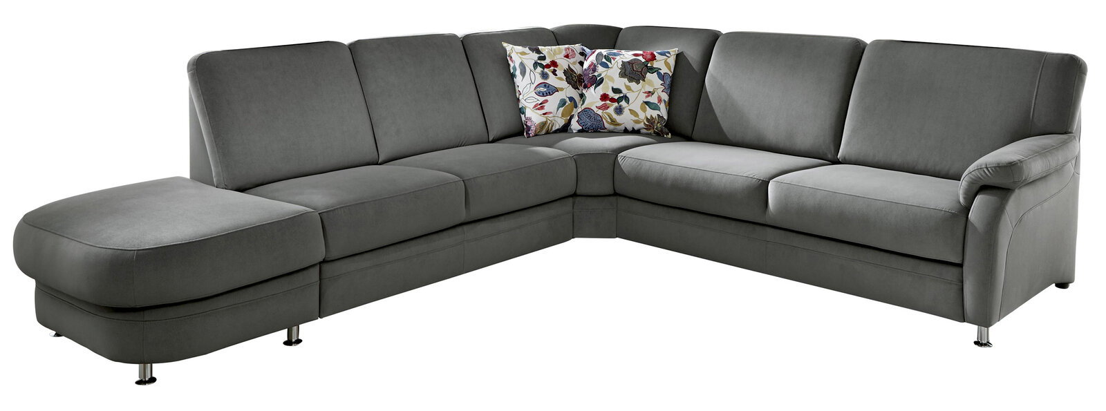 Graues Ecksofa mit floral gemusterten Kissen, seitliche Perspektive