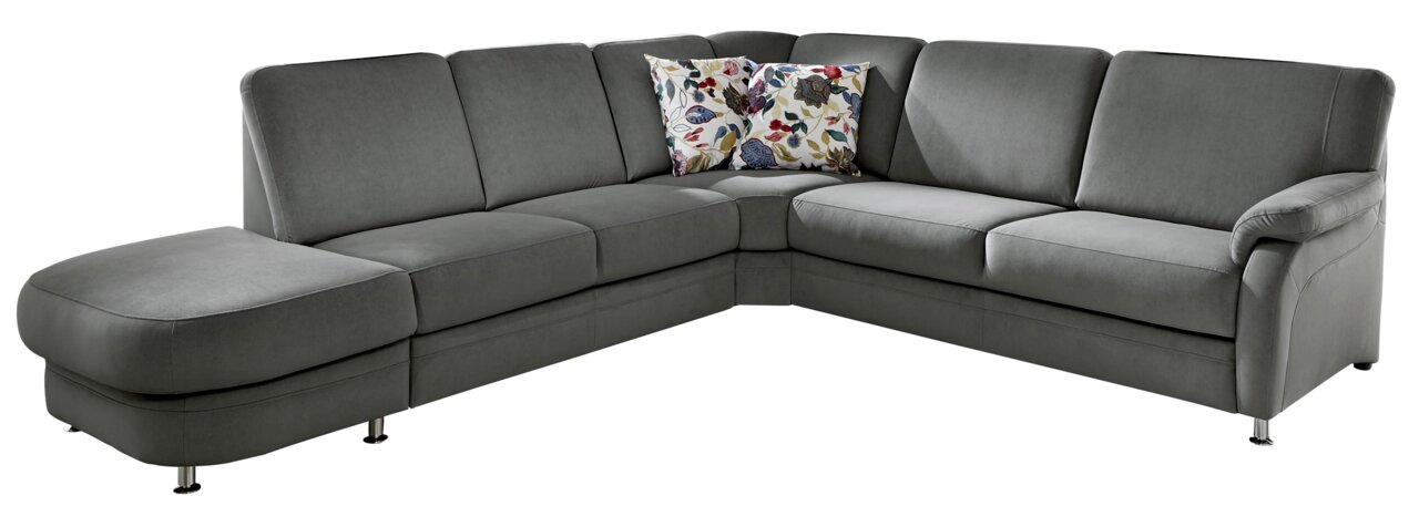 Beldomo System Ecksofa TAULON-S Graues Ecksofa mit floral gemusterten Kissen, seitliche Perspektive