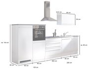 Küchenblock 320 in weißer Farbe, bestehend aus einem hohen Schrank mit integriertem Backofen, einer Dunstabzugshaube, einem Hängeschrank und einer Arbeitsplatte mit Spüle, aus der Frontperspektive betrachtet.