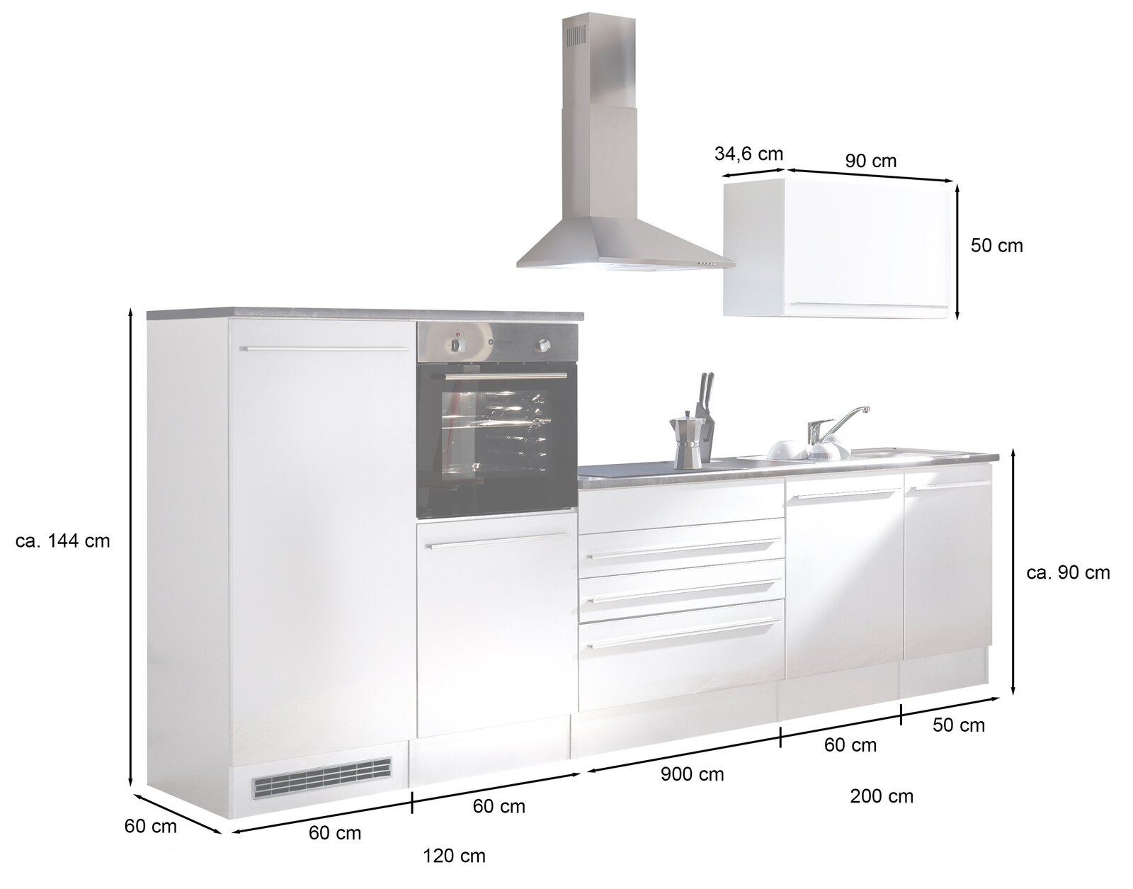 Küchenblock 320 in weißer Farbe, bestehend aus einem hohen Schrank mit integriertem Backofen, einer Dunstabzugshaube, einem Hängeschrank und einer Arbeitsplatte mit Spüle, aus der Frontperspektive betrachtet.