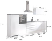 Küchenblock 320 in weißer Farbe, bestehend aus einem hohen Schrank mit integriertem Backofen, einer Dunstabzugshaube, einem Hängeschrank und einer Arbeitsplatte mit Spüle, aus der Frontperspektive betrachtet.