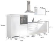 Küchenblock 320 in weißer Farbe, bestehend aus einem hohen Schrank mit integriertem Backofen, einer Dunstabzugshaube, einem Hängeschrank und einer Arbeitsplatte mit Spüle, aus der Frontperspektive betrachtet.