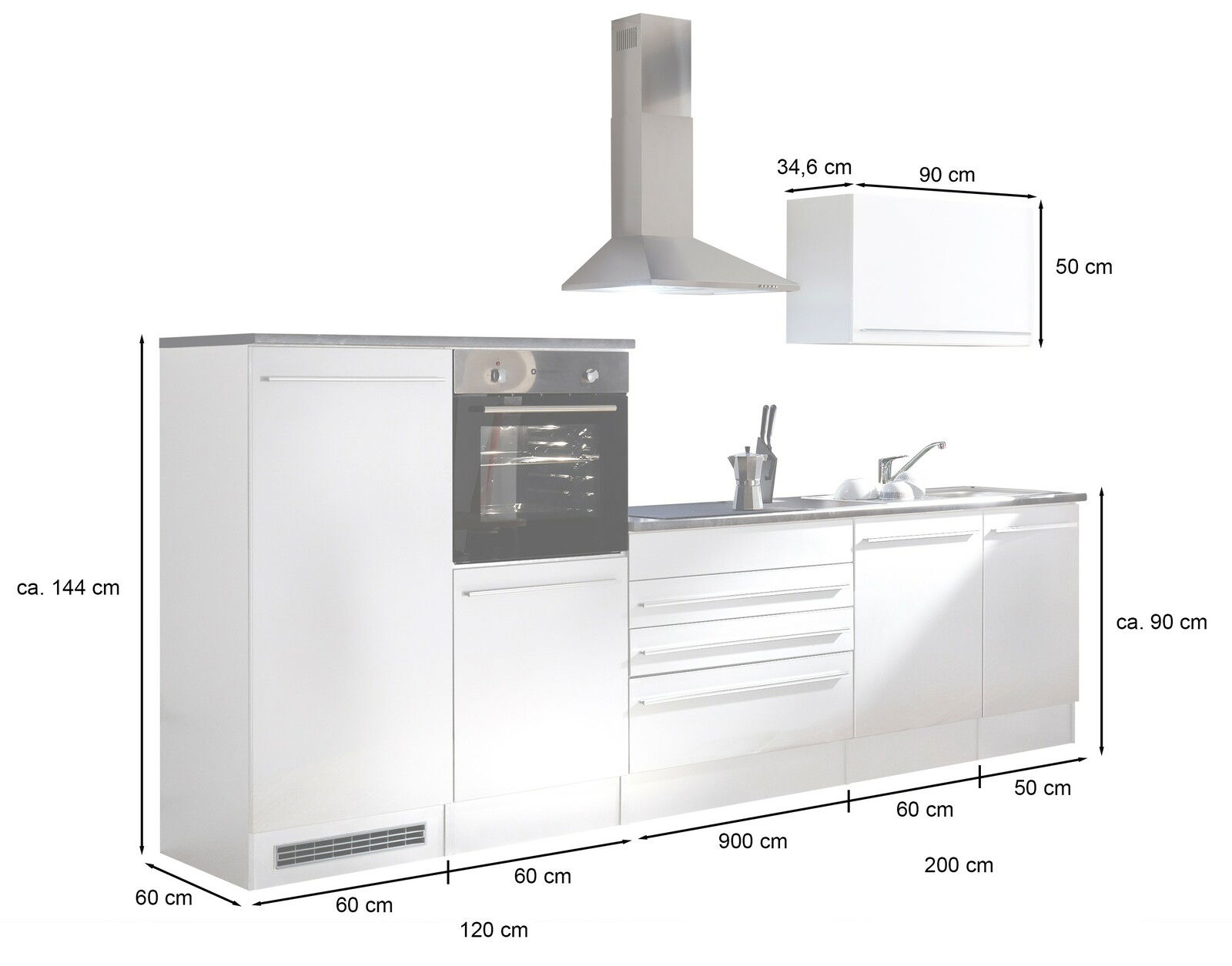 Küchenblock 320 in weißer Farbe, bestehend aus einem hohen Schrank mit integriertem Backofen, einer Dunstabzugshaube, einem Hängeschrank und einer Arbeitsplatte mit Spüle, aus der Frontperspektive betrachtet.