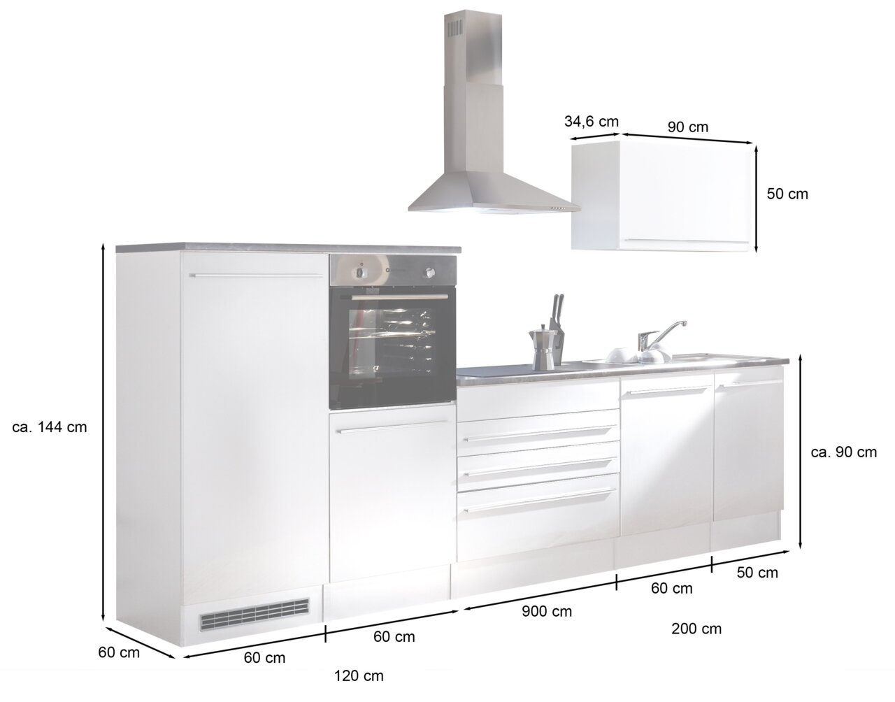 Küchenblock 320 in weißer Farbe, bestehend aus einem hohen Schrank mit integriertem Backofen, einer Dunstabzugshaube, einem Hängeschrank und einer Arbeitsplatte mit Spüle, aus der Frontperspektive betrachtet.