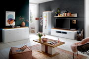 Modernes Wohnzimmer mit Sideboard, Vitrine, TV-Element und Couchtisch in heller, stilvoller Einrichtung. Perspektive von vorne.