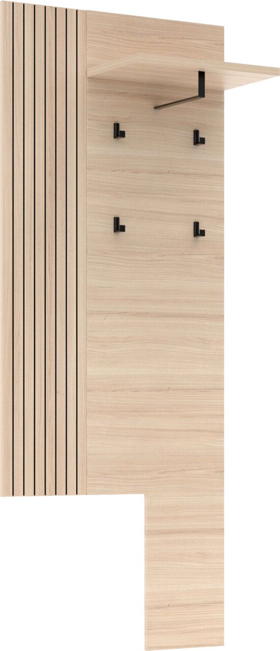 XORA Garderobenpaneel PISA Moderne Garderobenpaneel aus hellem Holz mit seitlicher Lamellenoptik, schwarzer Kleiderstange und vier schwarzen Haken, Ansicht schräg von vorn
