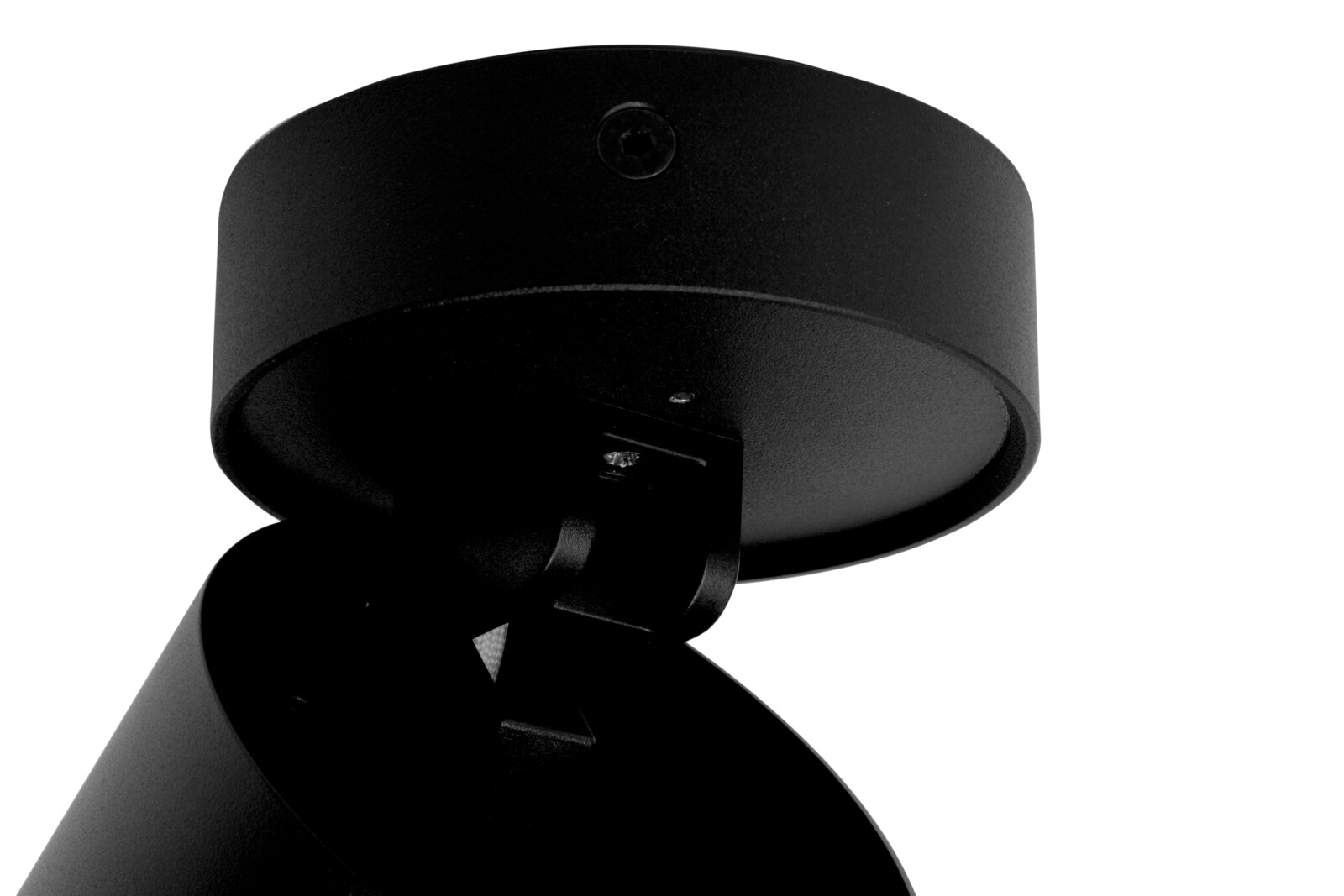 Close-up van een zwarte led-spotkop, van onderaf gezien, waarop de bevestiging en de behuizing te zien zijn.