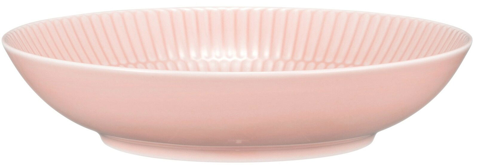 Rosa Suppenteller aus Porzellan mit geriffeltem Rand, seitliche Perspektive