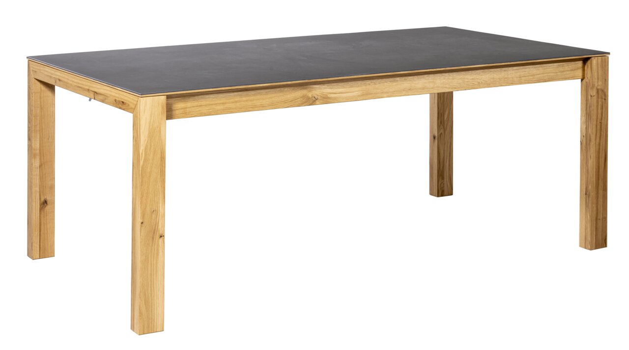 Linea Natura Esstisch BELLAGIO Moderner Esstisch mit schwarzer Tischplatte und Holzbeinen, seitliche Perspektive