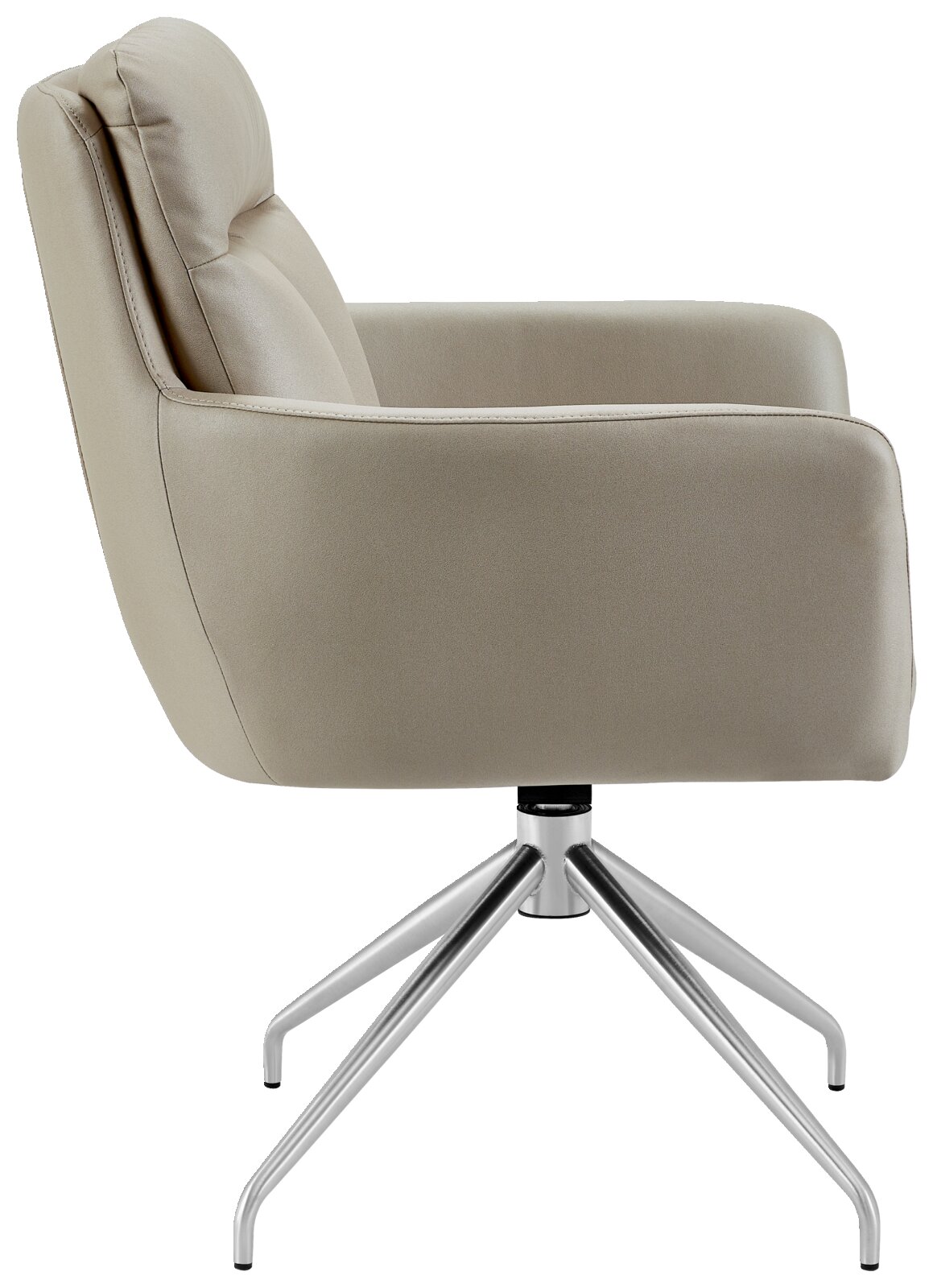 Zijaanzicht van een moderne fauteuil met beige bekleding en een draaibare metalen voet.