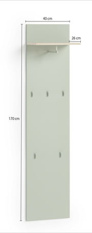 Garderobenpaneel in hellem Grün mit fünf Haken und einem oberen Regal, seitliche Perspektive.