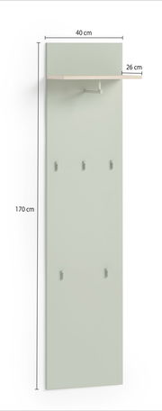 Garderobenpaneel in hellem Grün mit fünf Haken und einem oberen Regal, seitliche Perspektive.