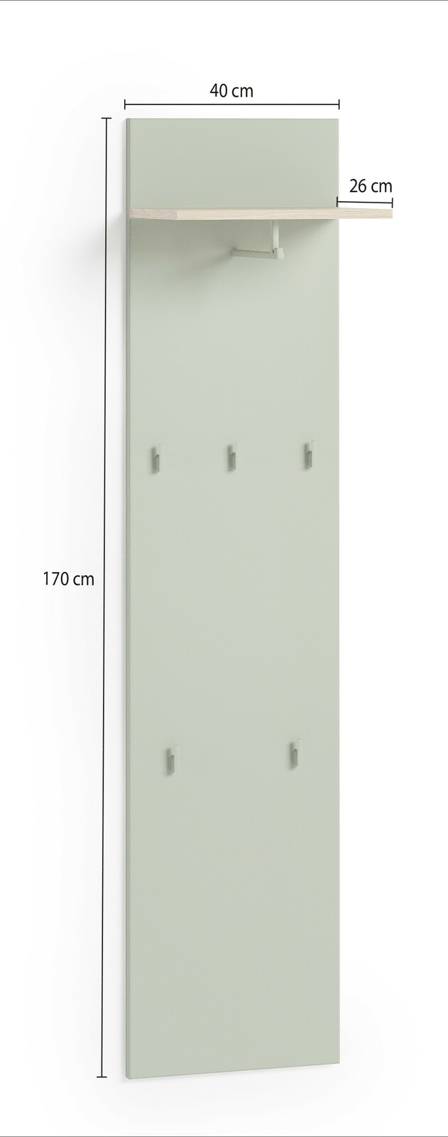 Garderobenpaneel in hellem Grün mit fünf Haken und einem oberen Regal, seitliche Perspektive.