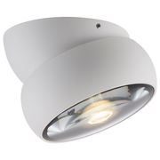 Moderne LED-Deckenleuchte in Weiß, seitliche Perspektive mit sichtbarem Leuchtmittel.