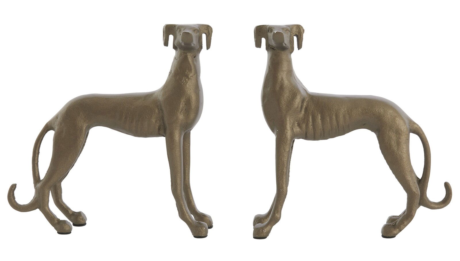 Zwei bronzefarbene Windhund-Ornamente aus Metall, seitliche Perspektive