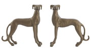 Zwei bronzefarbene Windhund-Ornamente aus Metall, seitliche Perspektive