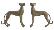 Zwei bronzefarbene Windhund-Ornamente aus Metall, seitliche Perspektive