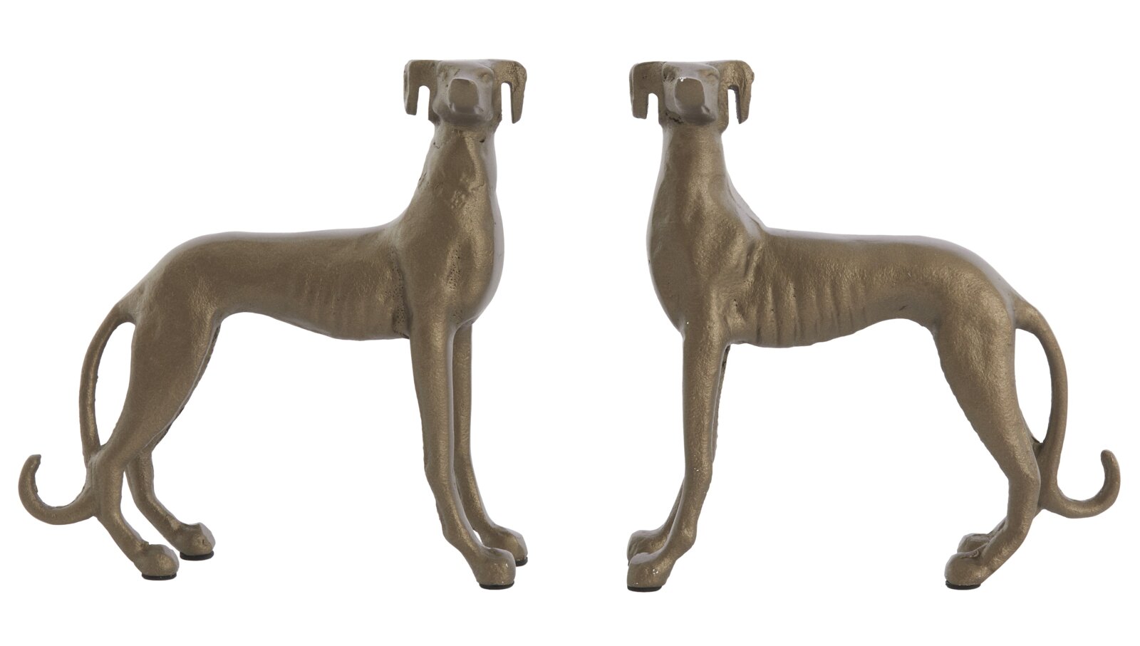 Zwei bronzefarbene Windhund-Ornamente aus Metall, seitliche Perspektive