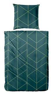 Bettwäsche-Set mit Kissen- und Deckenbezug in Petrol mit geometrischem Linienmuster in Hellgrün, Draufsicht