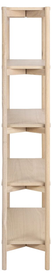 Eckregal aus hellem Holz mit fünf Ablageflächen, frontal betrachtet