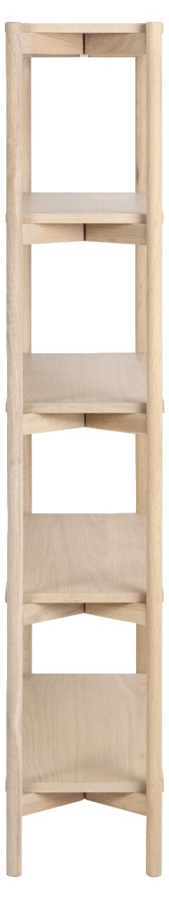 Eckregal aus hellem Holz mit fünf Ablageflächen, frontal betrachtet