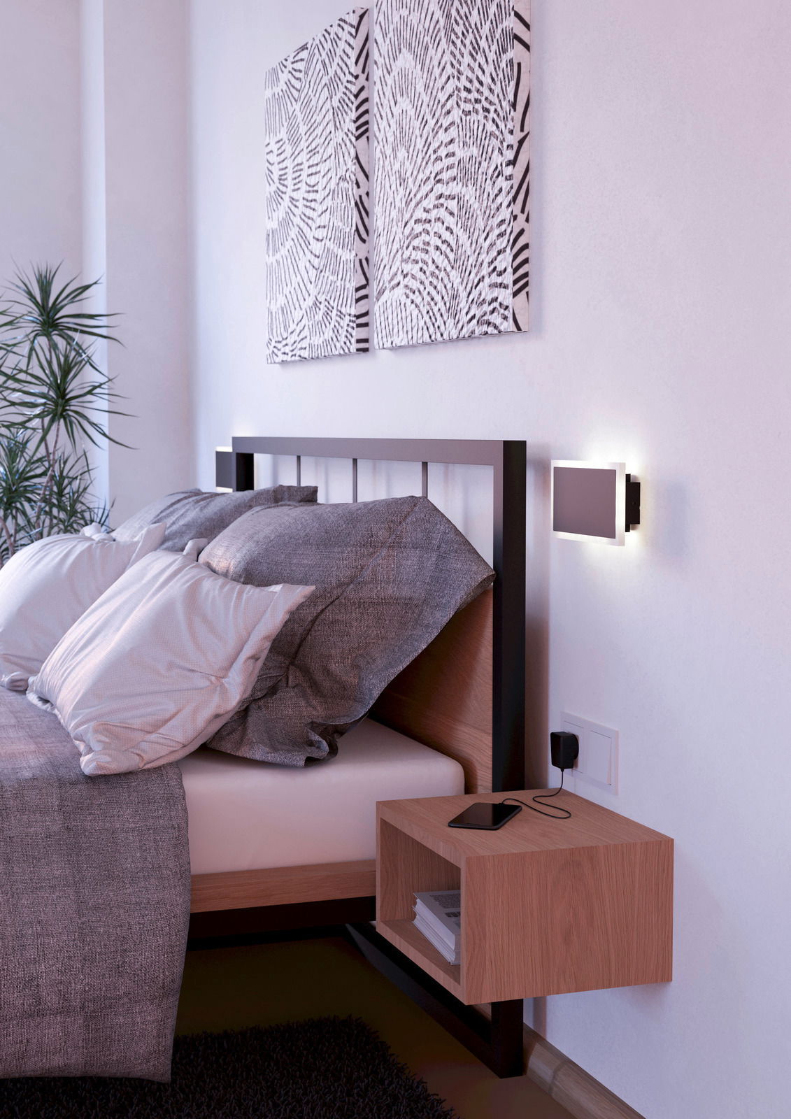 Moderne Wandleuchte TALAMELLO 1 in einem Schlafzimmer, seitliche Perspektive.