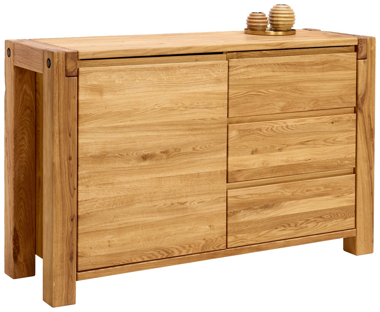 Holz-Balkenkommode mit Schubladen, seitliche Perspektive