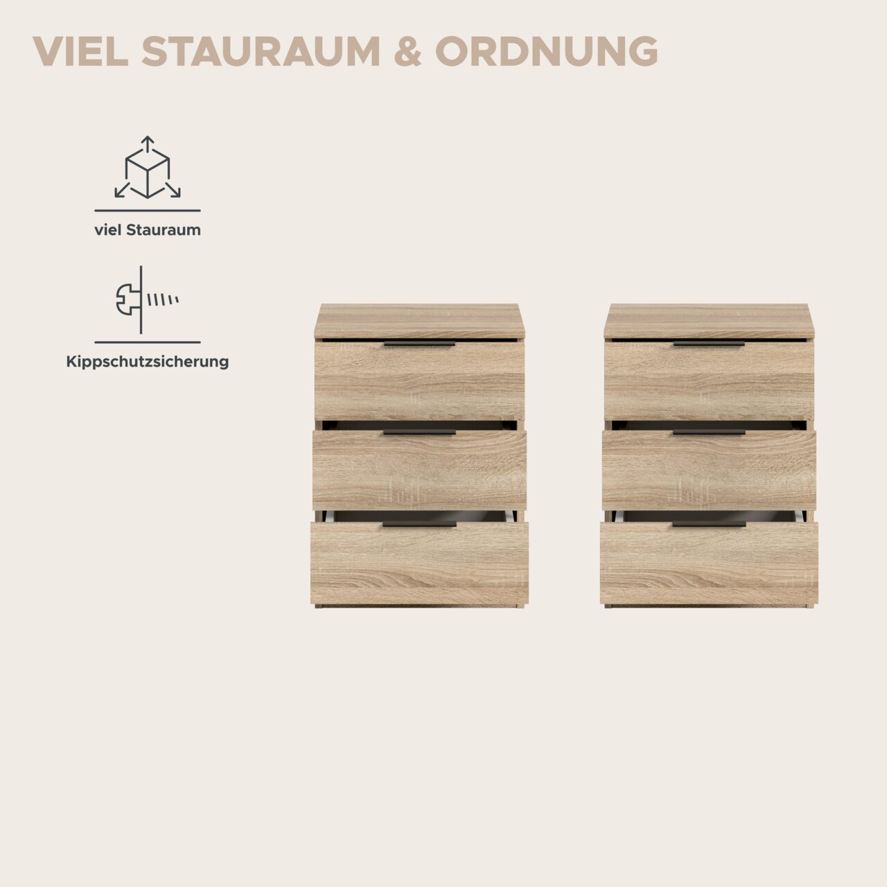 Frontansicht: moderne Kommode in heller Holzoptik mit drei Schubladen und schwarzen Griffleisten, beworben mit viel Stauraum und Kippschutzsicherung