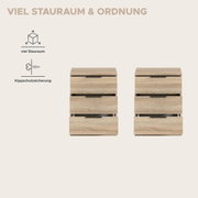Frontansicht: moderne Kommode in heller Holzoptik mit drei Schubladen und schwarzen Griffleisten, beworben mit viel Stauraum und Kippschutzsicherung