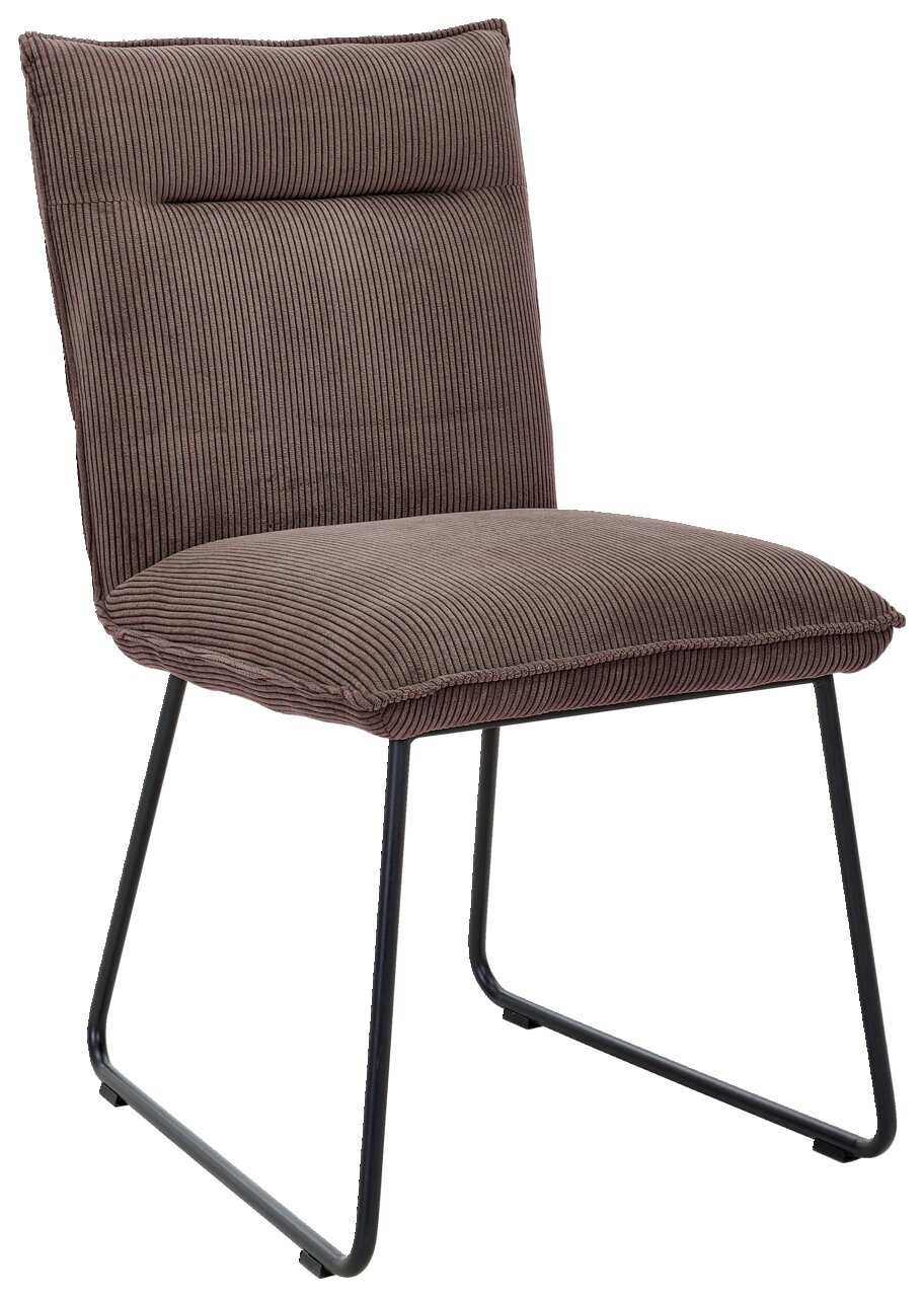 Moderner Stuhl mit gestreiftem Stoffbezug und Metallbeinen, seitliche Perspektive