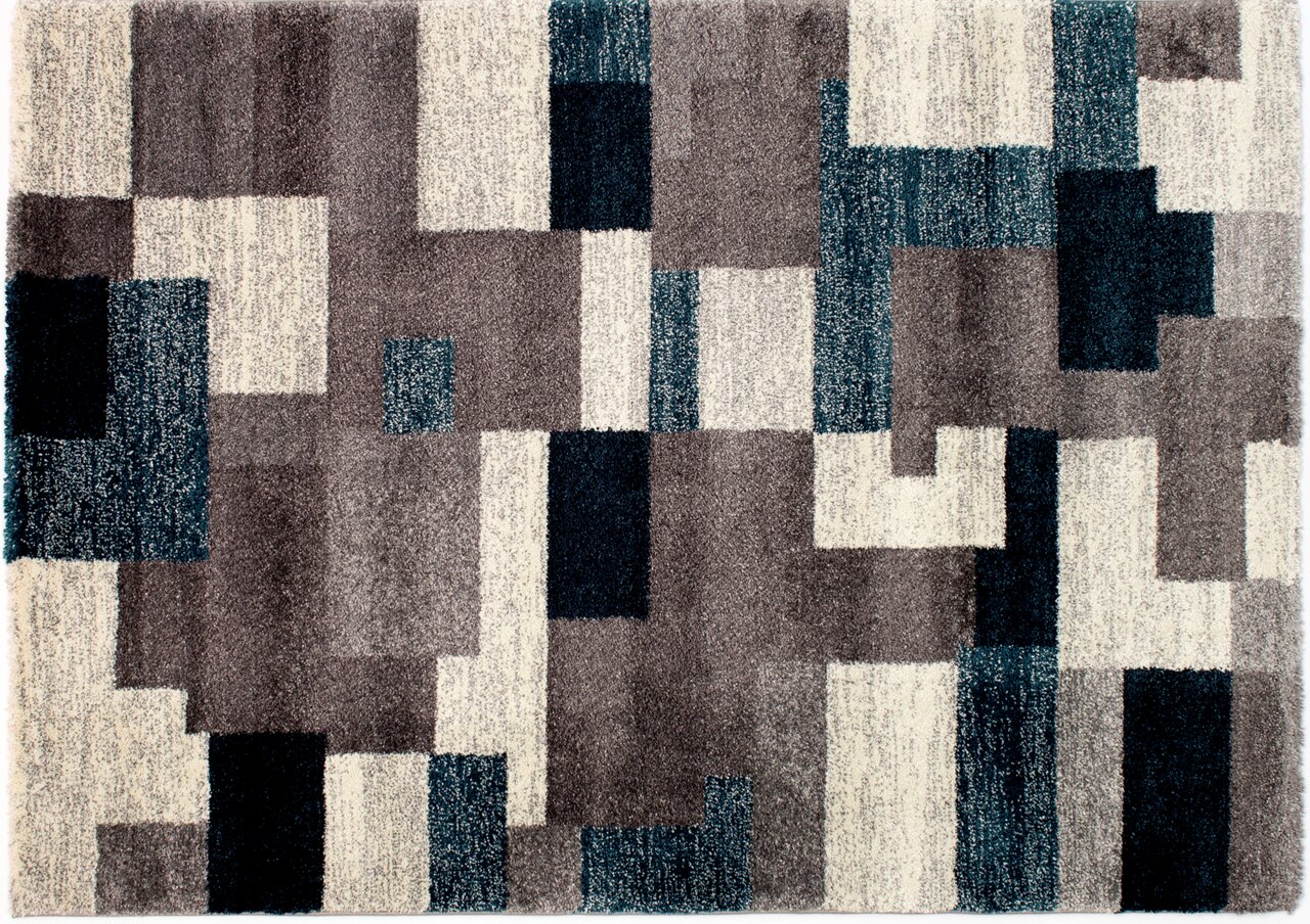 Frisé-Teppich mit geometrischem Muster in Grau- und Blautönen, Draufsicht