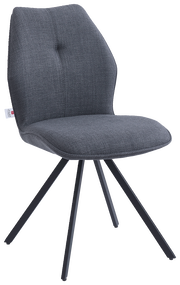 Moderner grauer Stuhl mit gepolsterter Sitzfläche und Rückenlehne, schwarzes Metallgestell, seitliche Perspektive