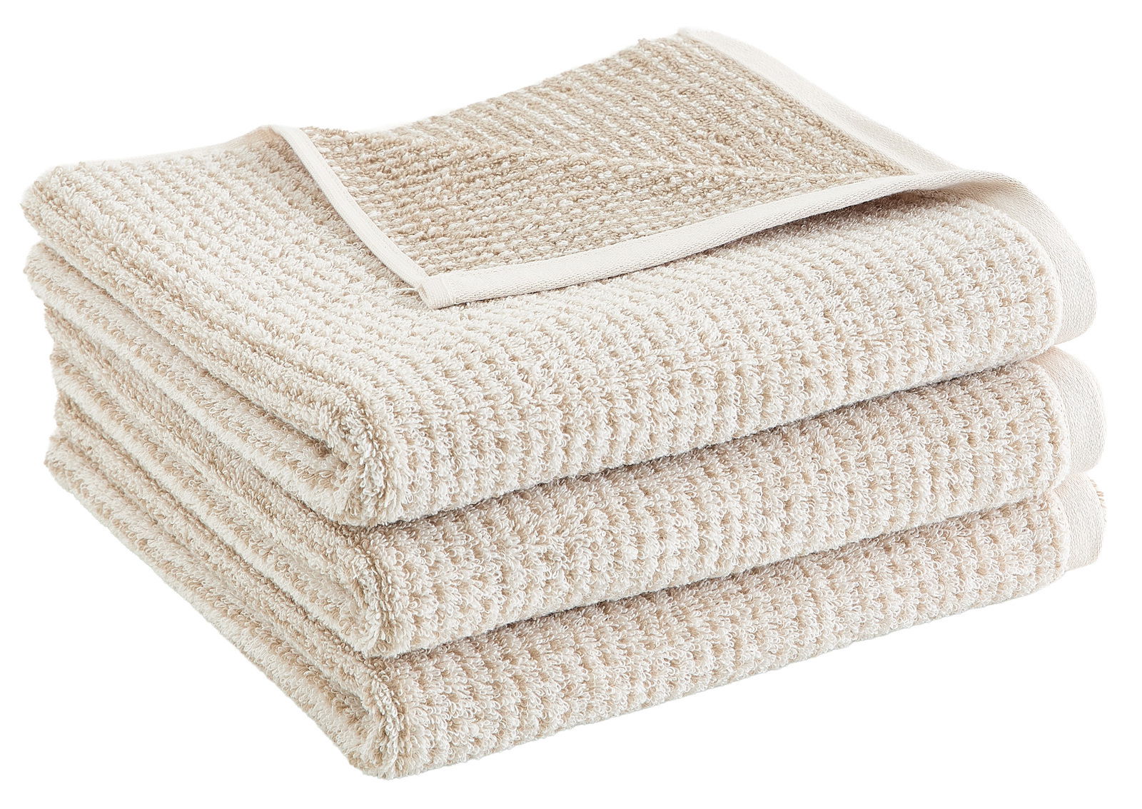 Depotex Handtuch CHECK Beige Handtuchstapel in Nahaufnahme, dreifach gefaltet, mit strukturierter Oberfläche.