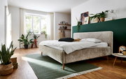 Modernes Polsterbettgestell in einem hellen Schlafzimmer mit Holzfußboden, grüner Akzentwand und Pflanzen, seitliche Perspektive.