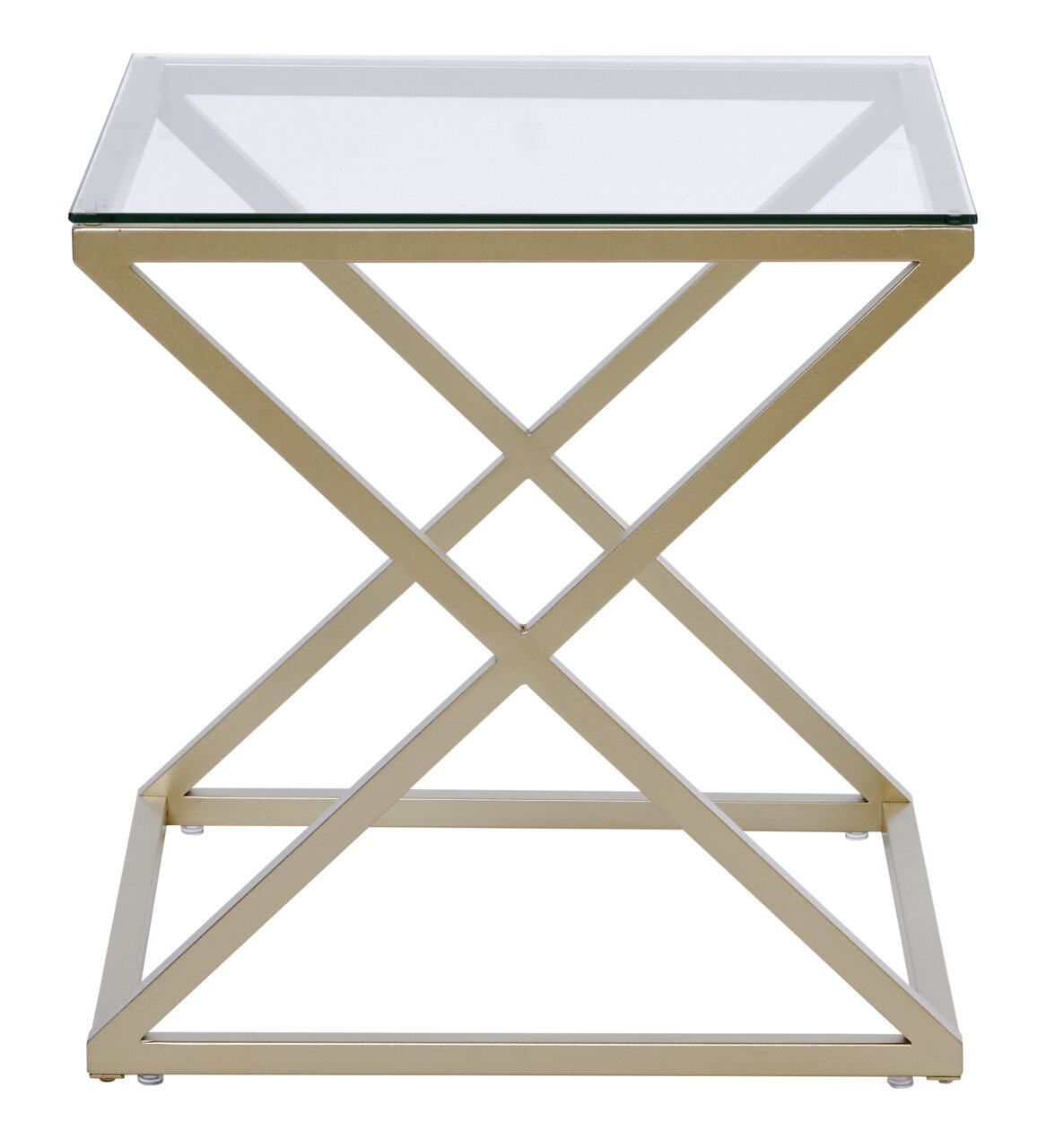 Moderner Beistell- oder Nachttisch mit Glasplatte und goldfarbenem Metallgestell, Frontalansicht.