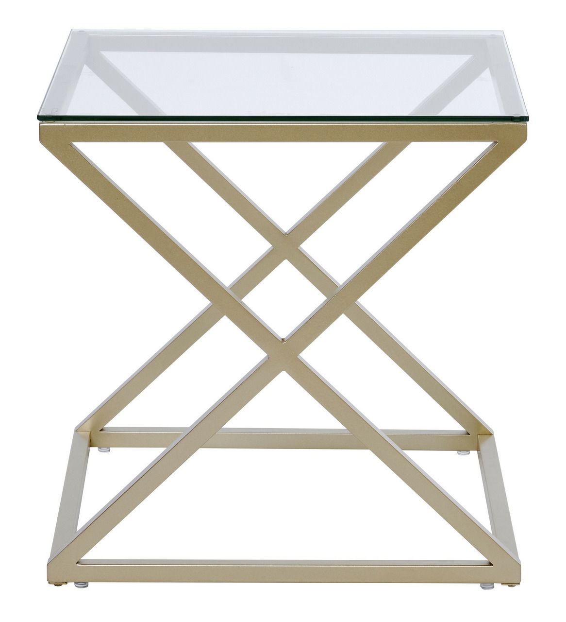 Moderner Beistell- oder Nachttisch mit Glasplatte und goldfarbenem Metallgestell, Frontalansicht.