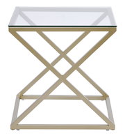 Moderner Beistell- oder Nachttisch mit Glasplatte und goldfarbenem Metallgestell, Frontalansicht.