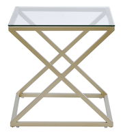 Moderner Beistell- oder Nachttisch mit Glasplatte und goldfarbenem Metallgestell, Frontalansicht.